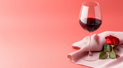 Elegant wine glass with red wine, rose, and pink fabric on a soft red background