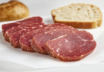 Fototapeta premium Freshly Sliced Premium Cuts of Meat Displayed on a White Background with Bread Loaf in the Background for Culinary Inspiration and Presentation