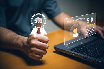 Customer review satisfaction online business digital content home office close-up positive feedback...