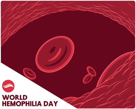 Illustrative design for World Hemophilia Day featuring red blood cells flowing in a vessel, raising awareness for the bleeding disorder.