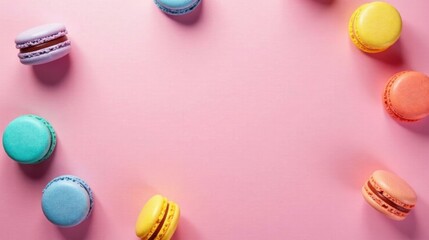 Fototapeta premium Delightful Pastel Macarons Arranged on a Pink Background for a Sweet and Colorful Culinary Image