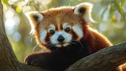 Obraz premium Adorable red panda resting on tree branch in sunlight, showcasing its fluffy fur