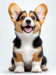 Obraz premium Adorable tricolor pembroke welsh corgi puppy sitting and panting on white background