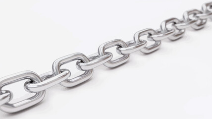Obraz premium A close-up shot of a section of a silver metal chain against a plain white background. The image shows several links of the chain, highlighting the interlinking design and metallic texture. The