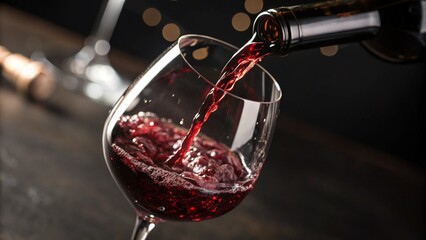 Red wine pouring, crystal wine glass, dark background, splashing liquid, high-speed photography, bokeh lights, fine dining, luxurious, dramatic lighting, macro shot, rich burgundy color