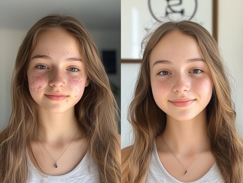 M&auml;dchen mit Pickeln im vorher und nachher Vergleich. Authentisches Hautbild f&uuml;r Dermatologie und Kosmetikthemen