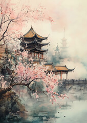 Fototapeta premium Tranquil scene of ancient Chinese temple amid blooming sakura, capturing essence of travel, cultural heritage, and beauty in nature through traditional painting style.