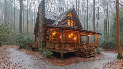 Cozy log cabin in misty forest.