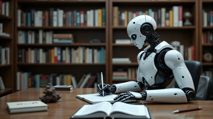 Fototapeta premium AI Writing Assistant in a Library Setting