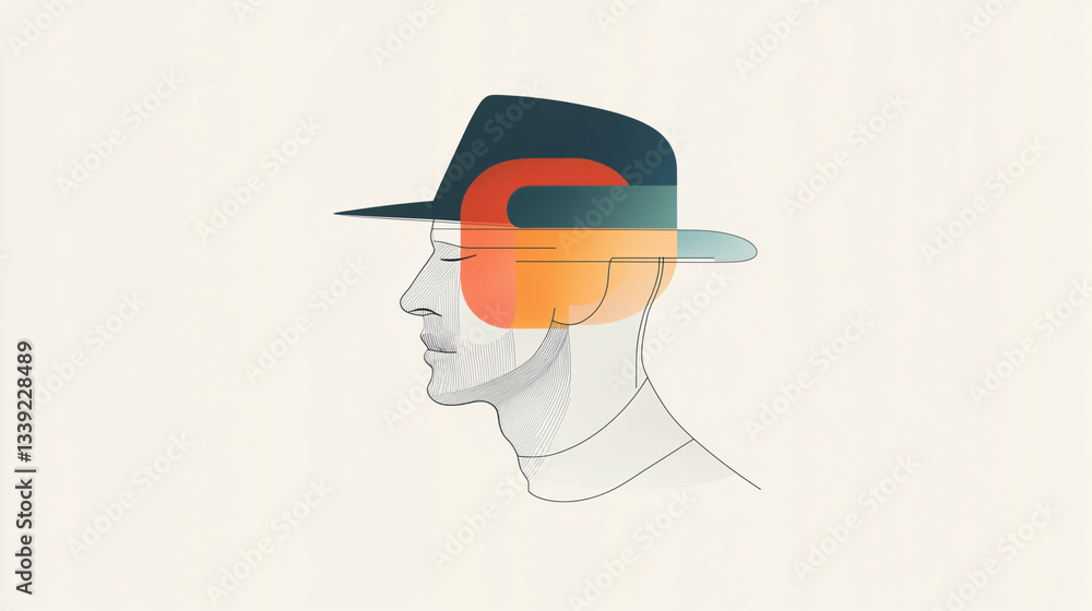 Poster abstract portrait: a minimalist illustration featuring a side profile of a person with a hat, the us