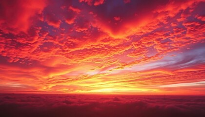 Fototapeta premium Vast, fiery sunset sky ablaze with orange, pink, and purple hues, clouds stretching to the horizon, travel, outdoor