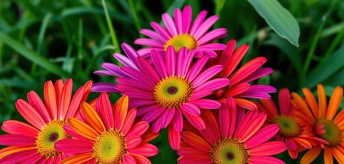 Fototapeta premium Vibrant multicolored daisy petals burst forth against a lush green background, color, botanical
