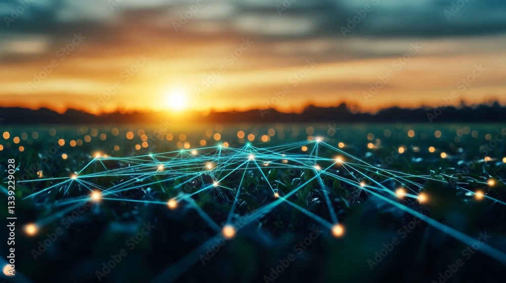Poster in a vast agricultural field at sunset, modern technology connects various plants through a network,