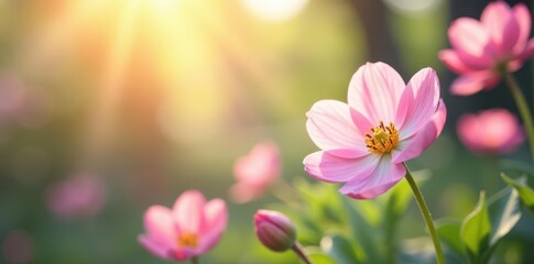 Fototapeta premium Abstract bokeh of sunlight and spring flowers, soft focus, pastel hues , serenity, sunlight, vibrant