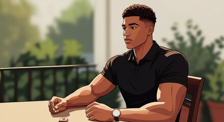 Young man sitting at a table, showcasing strength and contemplation