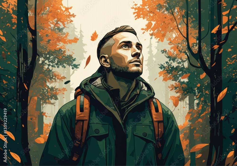 Poster man looking up in a forest surrounded by autumn leaves and trees