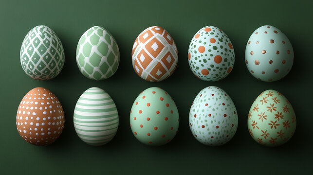 hand-painted Decorative Easter Eggs with Green and Orange Patterns on a Green Background