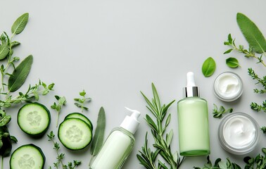 Natural Skincare Products with Fresh Ingredients and Herbs on Gray Background for Beauty and Wellness