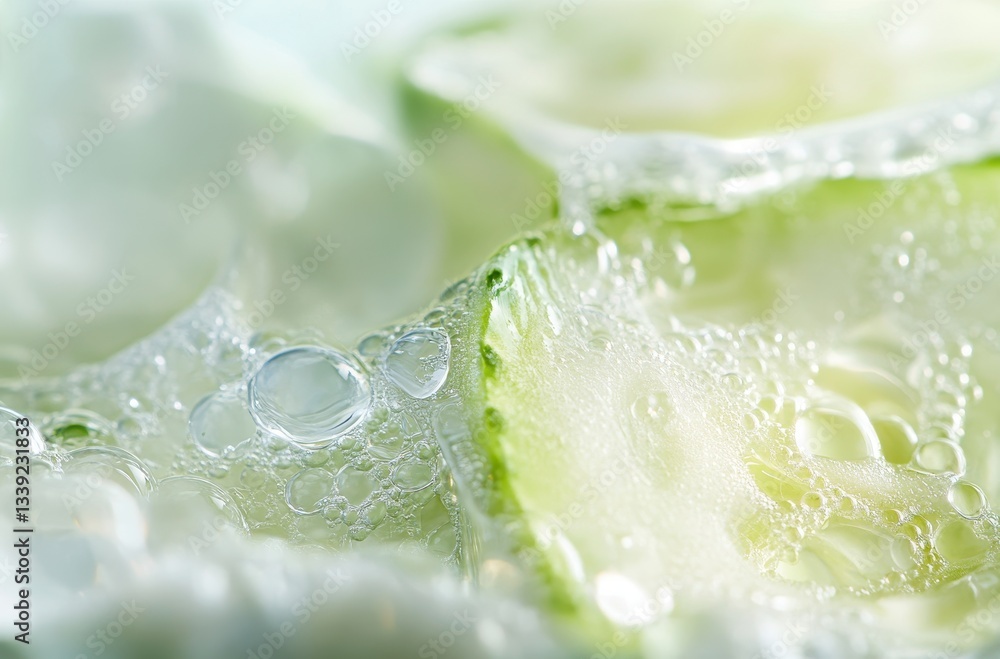 Poster refreshing close-up of cucumber slices submerged in sparkling water with bubbles creating a vibrant 