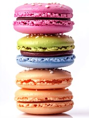 Colorful stack of french macarons forming a tower on white background