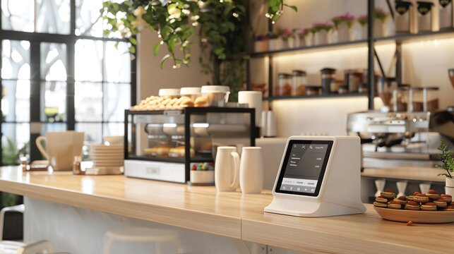 Cozy and inviting cafe interior featuring a variety of fresh baked goods pastries and a digital tablet display for menus or branding  Warm lighting plants