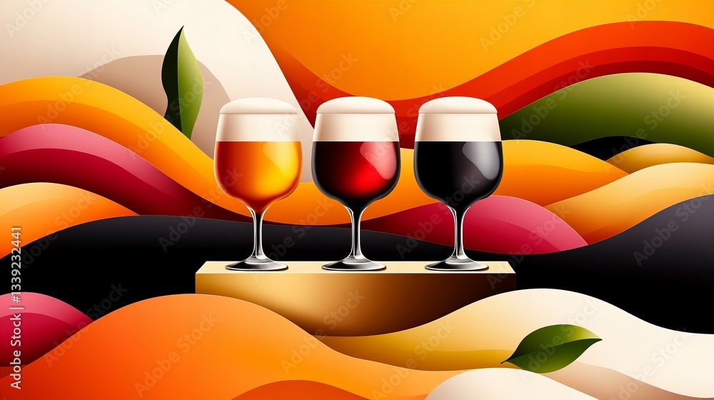 Poster three glasses of beer are displayed on a small platform with an abstract background featuring layere