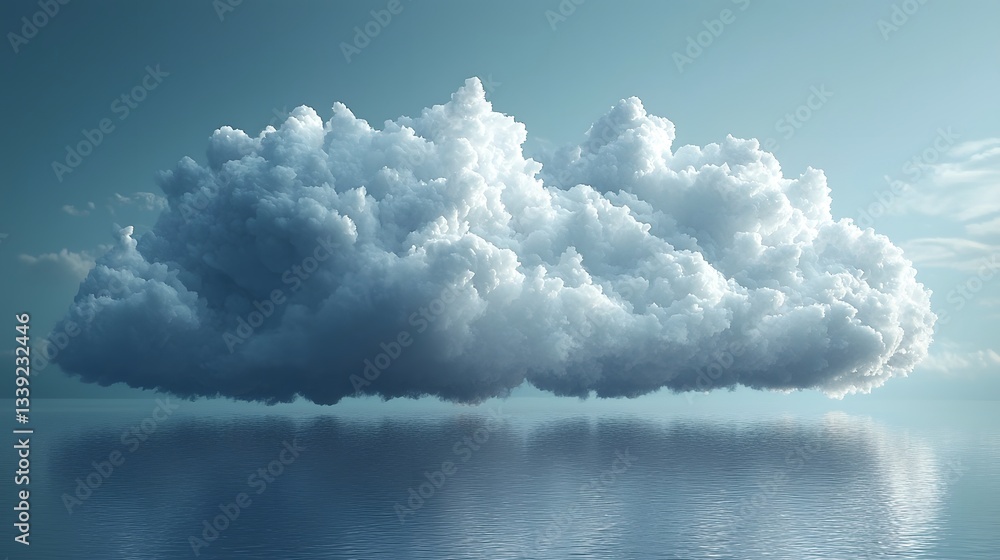 Poster a fluffy white cloud floating in an endless white void creating a surreal and imaginative scene