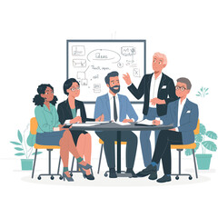 A flat design illustration of a diverse group of business professionals engaged in a collaborative meeting.