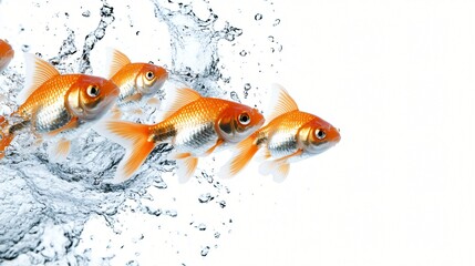 Goldfish swimming in clear water, vibrant scales shimmering, dynamic movement, represents freedom and tranquility.