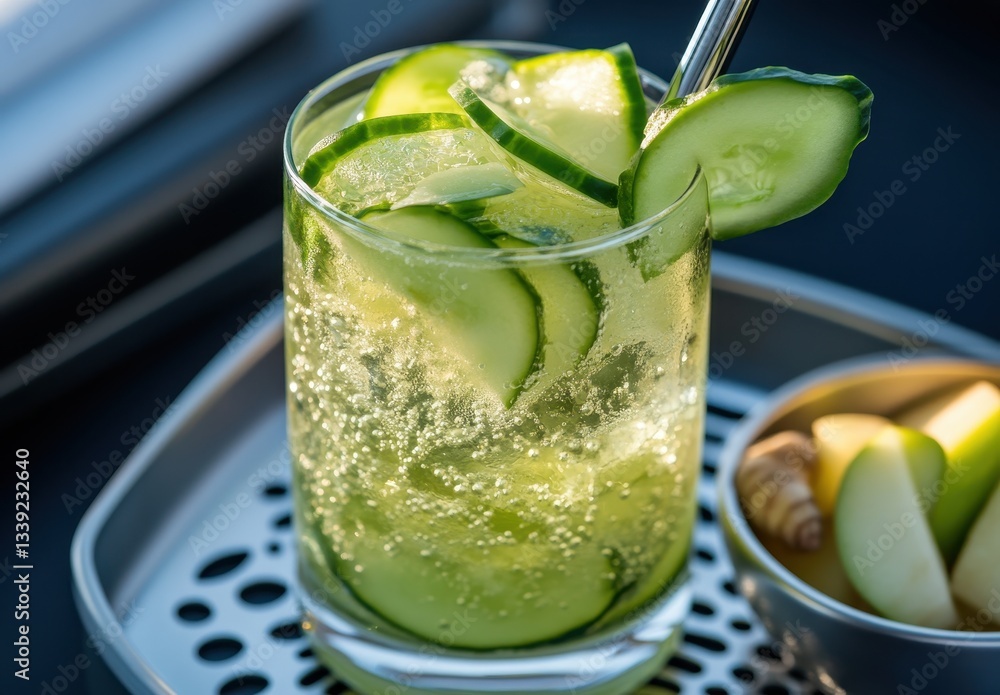 Aufkleber refreshing cucumber sparkling drink served in a clear glass with a shiny straw, garnished with fresh