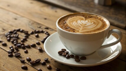 Fototapeta premium Coffee cup, latte art, heart design, coffee beans, wooden table, natural light, warm tones, cozy atmosphere, barista skills, cappuccino, cafe ambiance, morning ritual