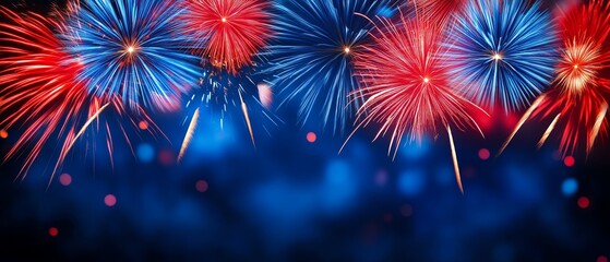 A vibrant display of red and blue fireworks illuminating a dark blue sky, creating a festive atmosphere.