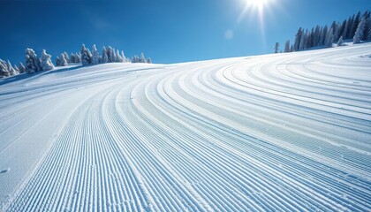 Perfectly groomed ski slope, fresh snow tracks winding downhill, alpine, perspective
