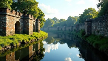 Fototapeta premium Ruined Roman fort walls, Castlefield's waterways , texture, england, morning