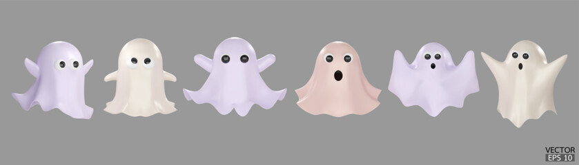 3D Cartoon white Ghosts isolated on a gray background. Cute Halloween Ghost Characters. Ghosts icon set.