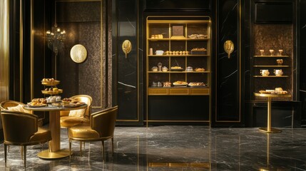 Luxurious dark gold bakery cafe interior
