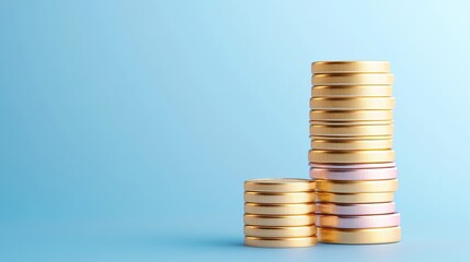 Stacked gold coins on a blue background, illustrating investment growth and financial success themes, with copy-space available.