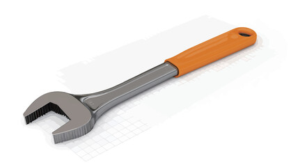 Obraz premium Close-up studio shot of an adjustable wrench with an orange handle against a white background. The wrench is metallic silver/grey in color, exhibiting a detailed design of its adjustable jaw and
