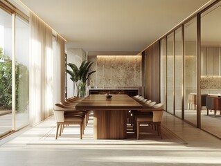 A modern dining room featuring a long wooden dining table