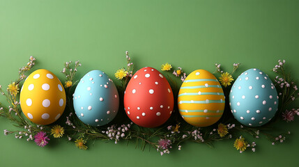 Vibrantly decorated colorful Easter eggs displayed in a spring-inspired arrangement on green background