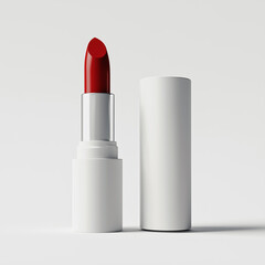 Red lipstick in white minimalist tube on neutral background