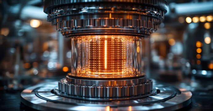 A sophisticated quantum computer core showcases qubits in superposition and entanglement.