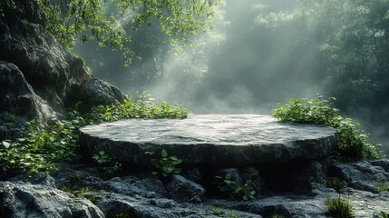 Stone podium in a misty forest