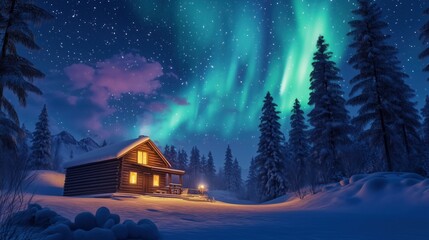 Fototapeta premium Spectacular aurora borealis over a remote winter cabin
