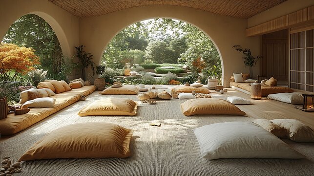 Serene outdoor yoga and meditation space.