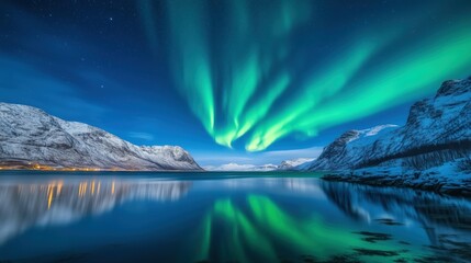 Stunning northern lights reflected in the waters of a fjord