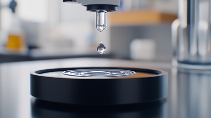 Close-up of a microscope setup capturing a water droplet about to fall on a circular dish