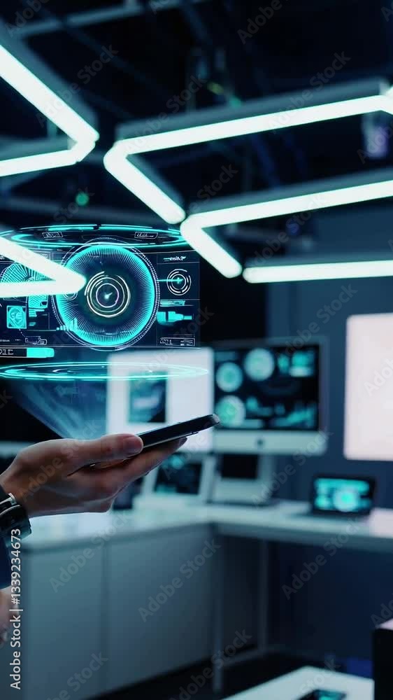 Poster futuristic holographic display interaction in modern tech environment