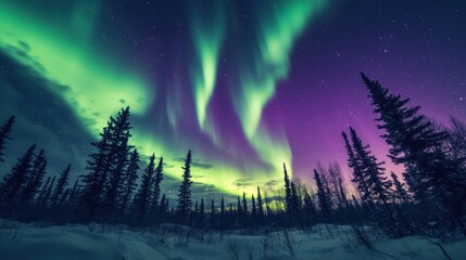 Fototapeta premium Bright green and purple northern lights lighting up the night sky