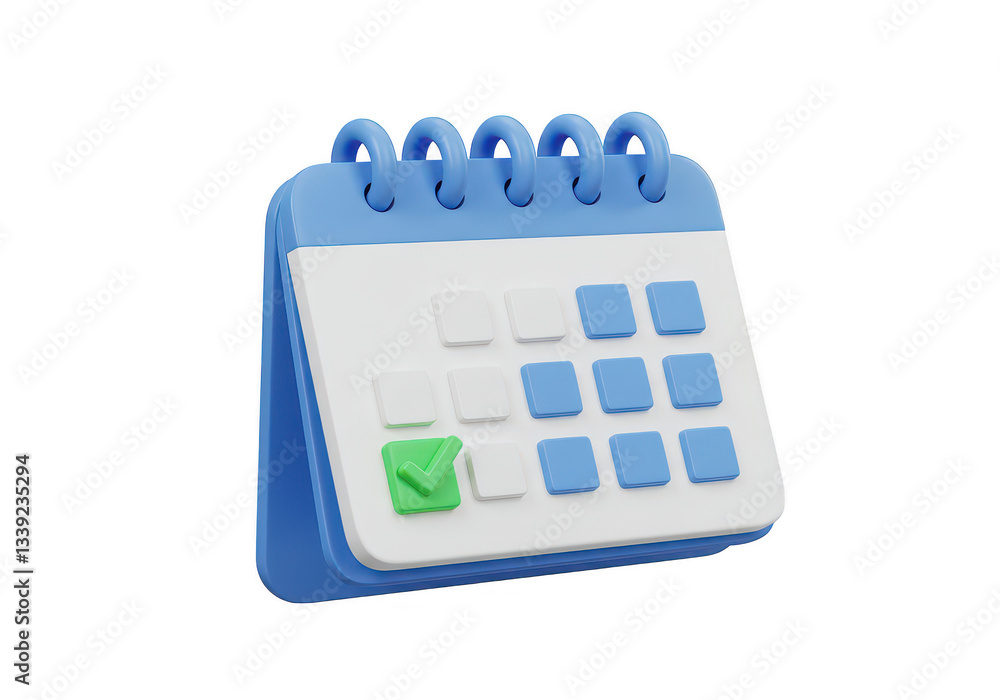 Poster a 3d illustration of a blue and white spiral bound calendar with a green checkmark on one of the dat